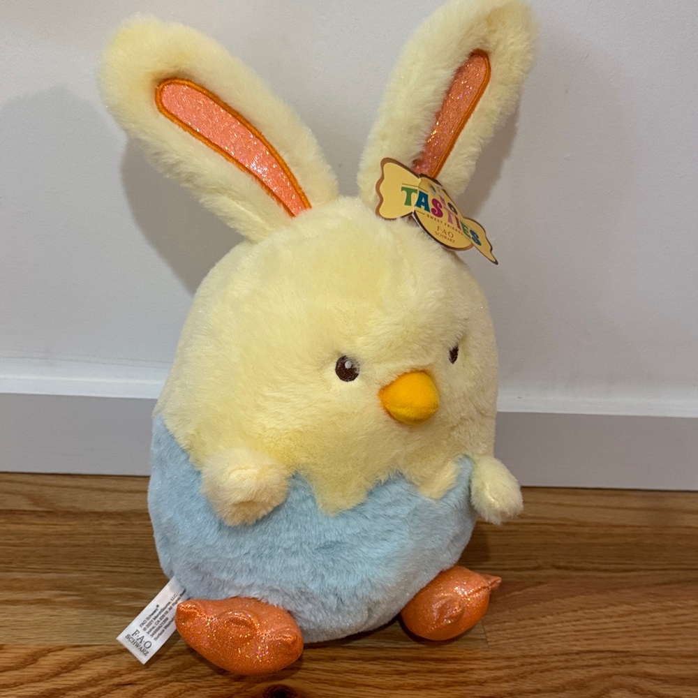 Fao Schwartz Easter toy Plush Bunny rabbit Easter egg w Orange Ears NEW w tags